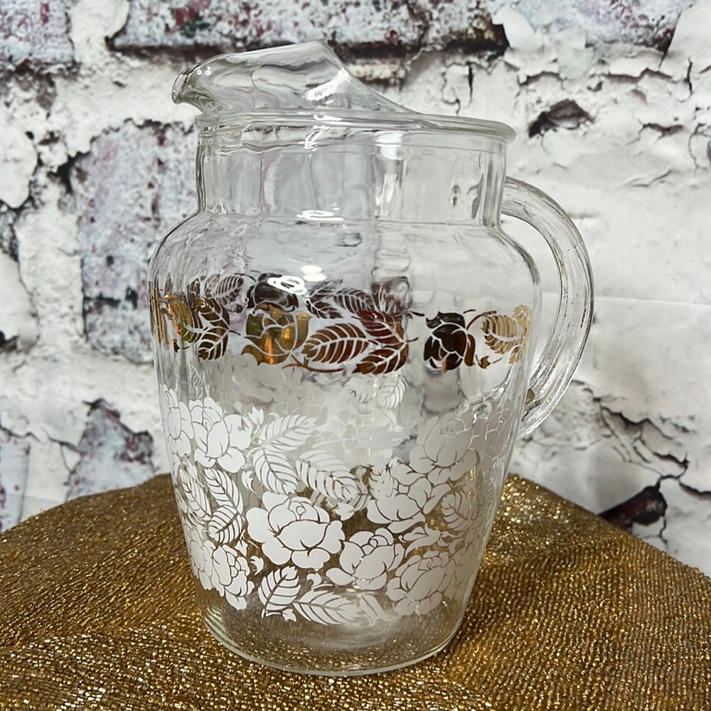Vintage glass pitcher with white & gold roses grannycore